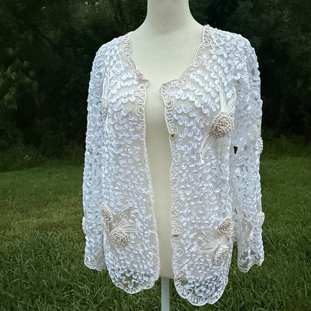 Vintage Ribbon Floral Boho Coquette Bridal Applique Mesh Cardigan Women XL White